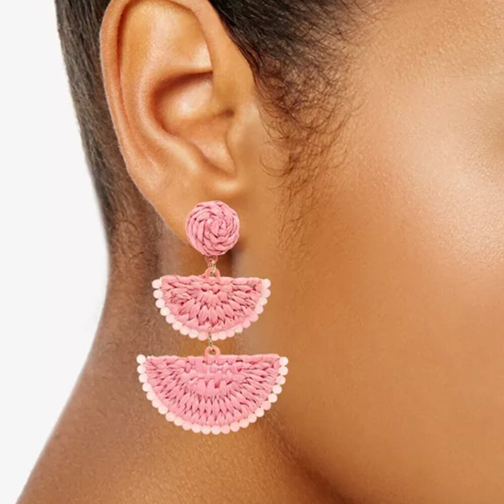 On 34th Raffia Drop Earrings Gold Tone Stone Bead & Woven NWT